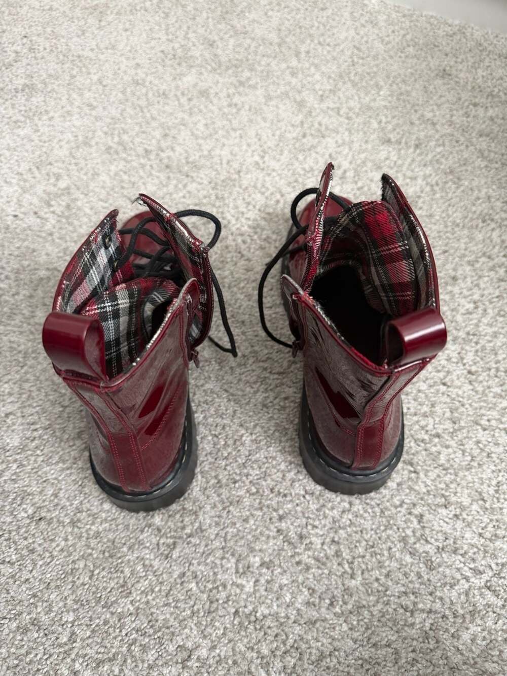 Xhilaration Burgundy Patent Combat Boots with Plaid Lining Size 11 - Picture 6 of 7